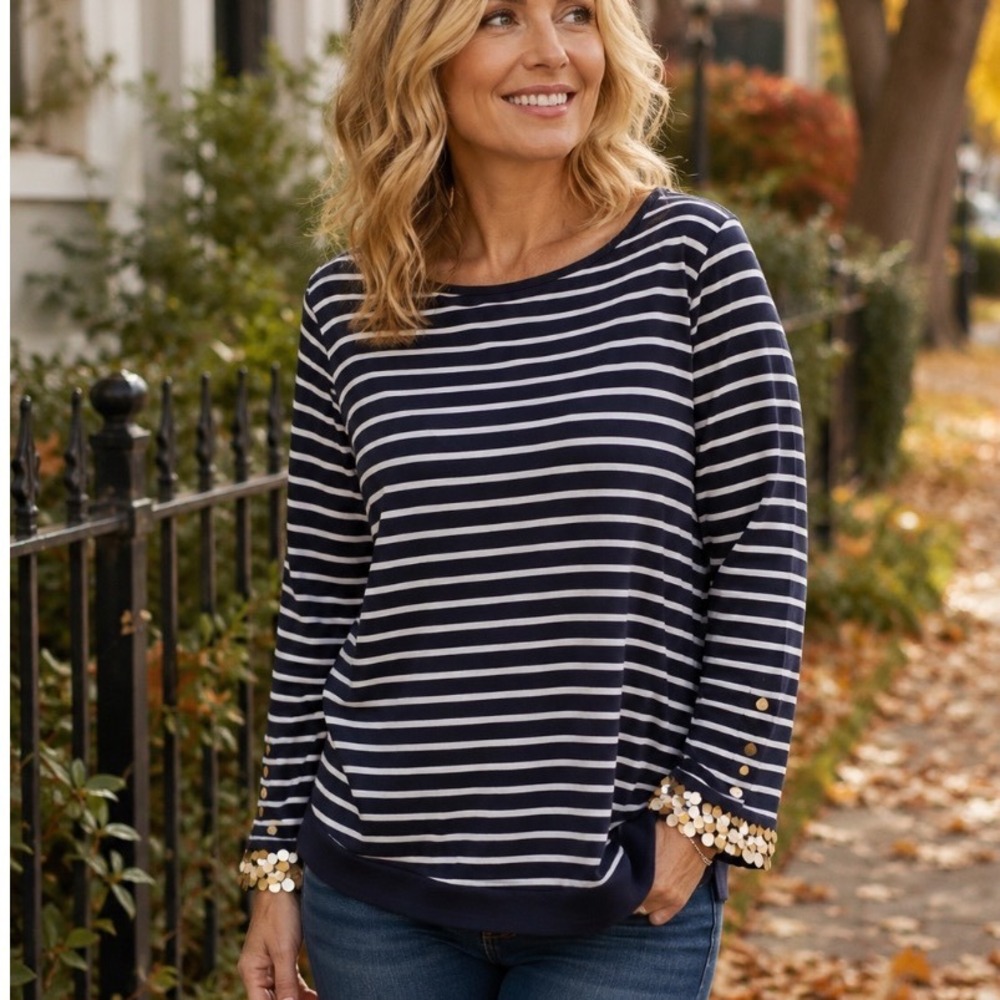 Crown & Ivy White Striped Boat Neck Top with Gold Sequin Cuffs Nautical Sz XL